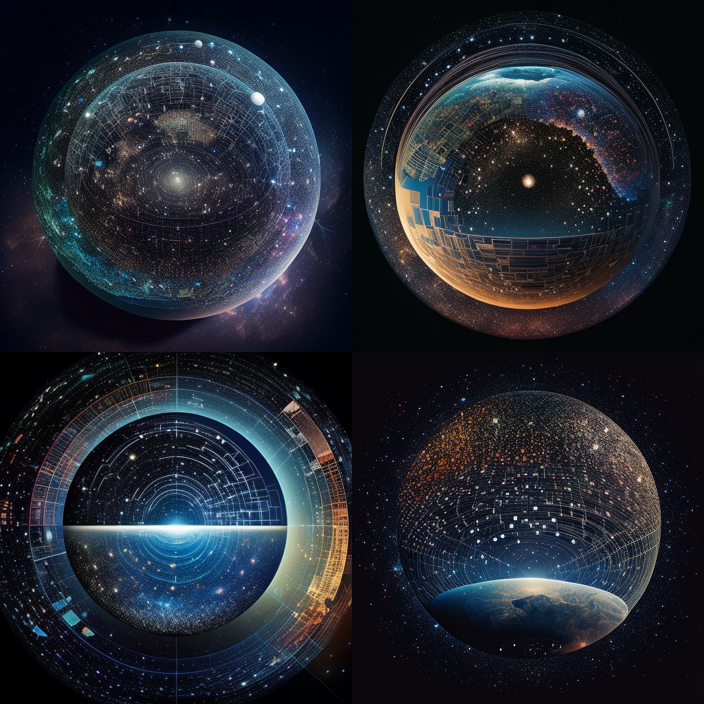 The vast expanse of the universe is depicted as a digital construct, with stars, planets, and galaxies appearing as intricate lines of code or shimmering pixels. In the foreground, Earth is shown as a hologram, partially transparent and showing its complex digital framework. The image should evoke a sense of awe and curiosity, inviting the viewer to ponder the possibility that our world and the entire cosmos might be a sophisticated simulation